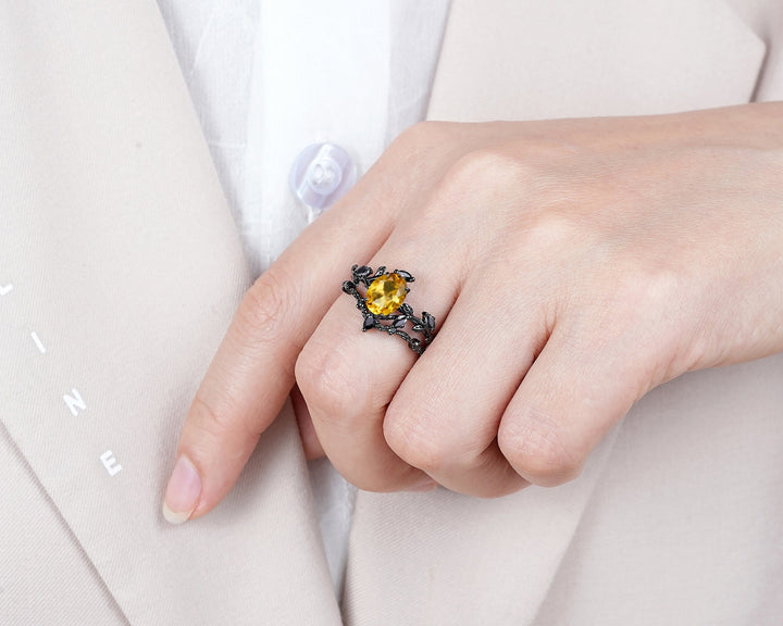 Gothic Black Gold Oval Cut Citrine Leaf Engagement Ring, Black Twig Branch Promise Ring Black Rhodium Wedding Ring Bridal Set Gift for Women - ShainJewelry