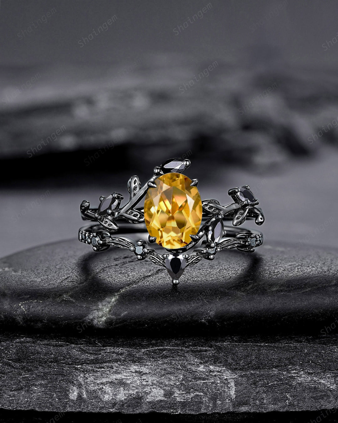 Gothic Black Gold Oval Cut Citrine Leaf Engagement Ring, Black Twig Branch Promise Ring Black Rhodium Wedding Ring Bridal Set Gift for Women - ShainJewelry