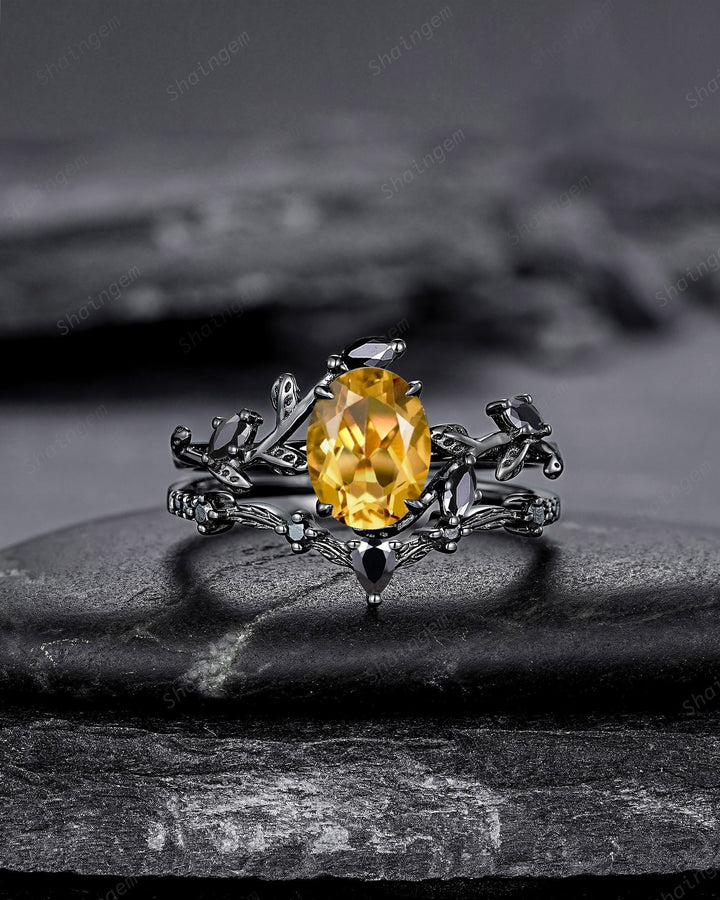 Gothic Black Gold Oval Cut Citrine Leaf Engagement Ring, Black Twig Branch Promise Ring Black Rhodium Wedding Ring Bridal Set Gift for Women - ShainJewelry