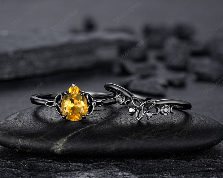 Gothic Black Pear Shape Citrine Celtic Knot Engagement Ring, Black Rhodium Yellow Stone Wedding Ring Black Promise Ring Bridal Set for her - ShainJewelry