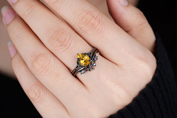 Gothic Black Pear Shape Citrine Celtic Knot Engagement Ring, Black Rhodium Yellow Stone Wedding Ring Black Promise Ring Bridal Set for her - ShainJewelry
