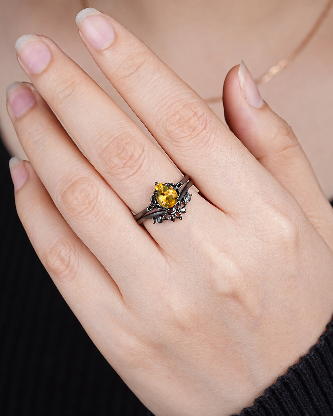Gothic Black Pear Shape Citrine Celtic Knot Engagement Ring, Black Rhodium Yellow Stone Wedding Ring Black Promise Ring Bridal Set for her - ShainJewelry