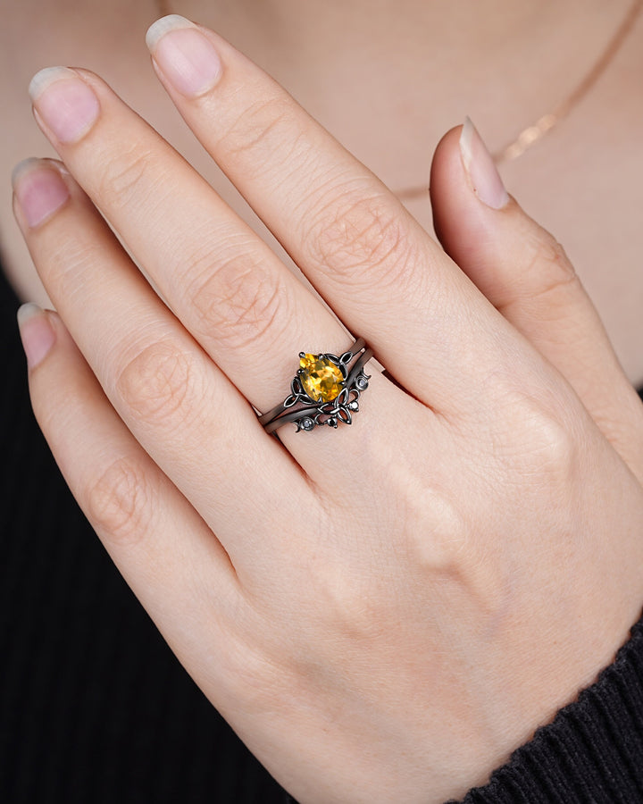 Gothic Black Pear Shape Citrine Celtic Knot Engagement Ring, Black Rhodium Yellow Stone Wedding Ring Black Promise Ring Bridal Set for her - ShainJewelry