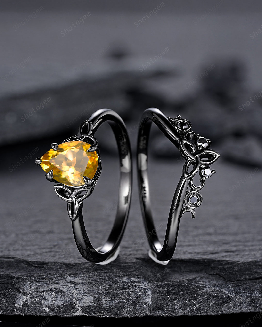 Gothic Black Pear Shape Citrine Celtic Knot Engagement Ring, Black Rhodium Yellow Stone Wedding Ring Black Promise Ring Bridal Set for her - ShainJewelry
