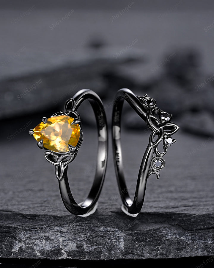 Gothic Black Pear Shape Citrine Celtic Knot Engagement Ring, Black Rhodium Yellow Stone Wedding Ring Black Promise Ring Bridal Set for her - ShainJewelry