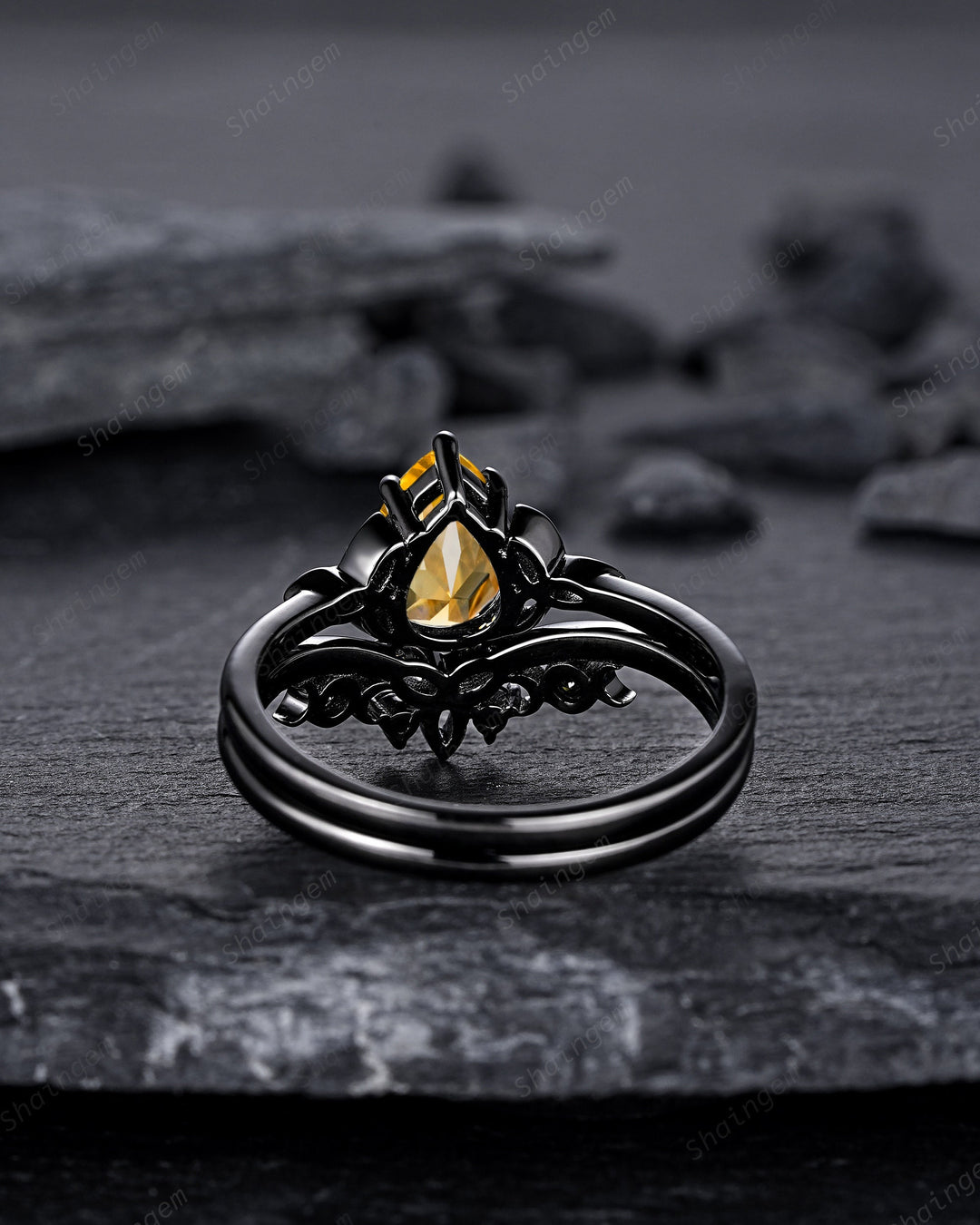 Gothic Black Pear Shape Citrine Celtic Knot Engagement Ring, Black Rhodium Yellow Stone Wedding Ring Black Promise Ring Bridal Set for her - ShainJewelry