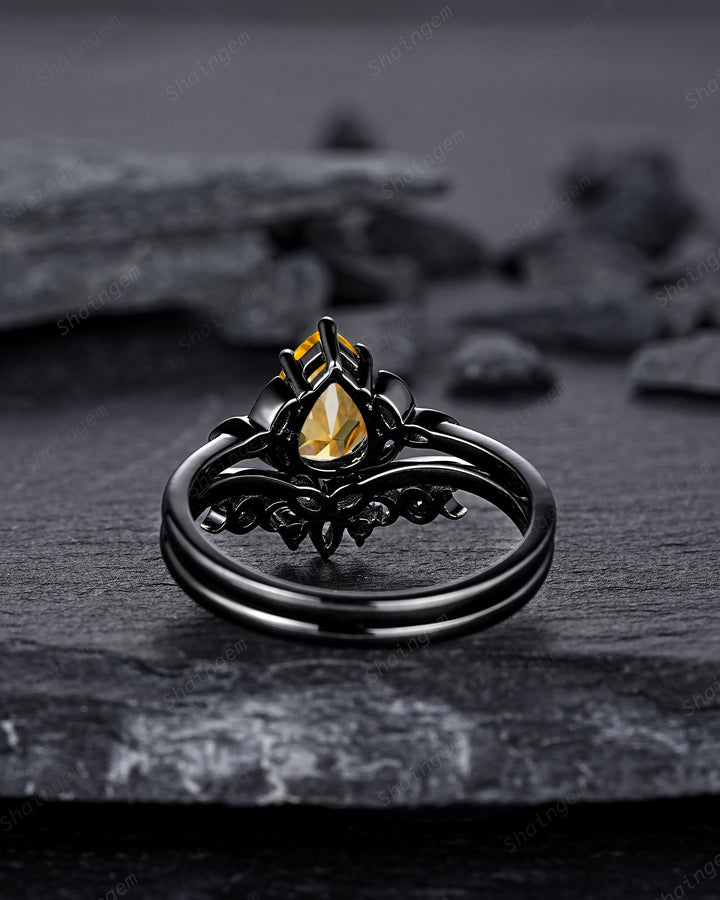 Gothic Black Pear Shape Citrine Celtic Knot Engagement Ring, Black Rhodium Yellow Stone Wedding Ring Black Promise Ring Bridal Set for her - ShainJewelry