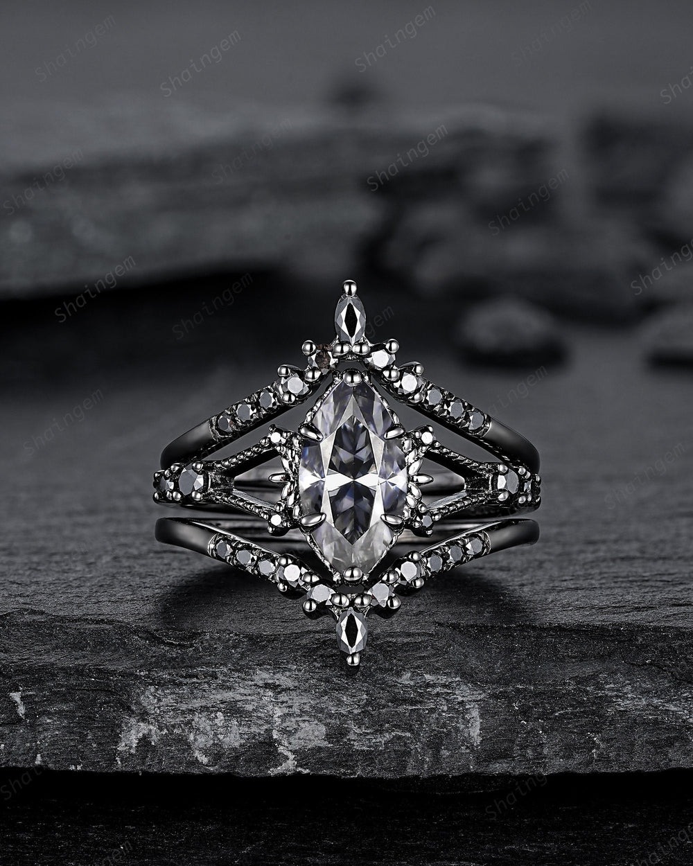 Black Gold 3PCS Marquise Cut Gray Moissanite Engagement Ring Set, Gothic Punk Bridal Set, Black Rhodium Wedding Set, Black Promise Ring Gift
