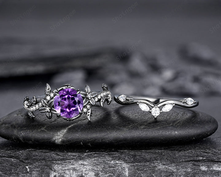 Gothic Round Shape Amethyst Black Floral Engagement Ring Set, Black Gold Leaf Promise Ring Rhodium Black Twig Branch Wedding Ring Bridal Set - ShainJewelry