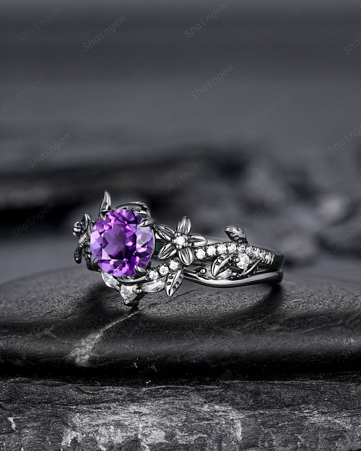 Gothic Round Shape Amethyst Black Floral Engagement Ring Set, Black Gold Leaf Promise Ring Rhodium Black Twig Branch Wedding Ring Bridal Set - ShainJewelry