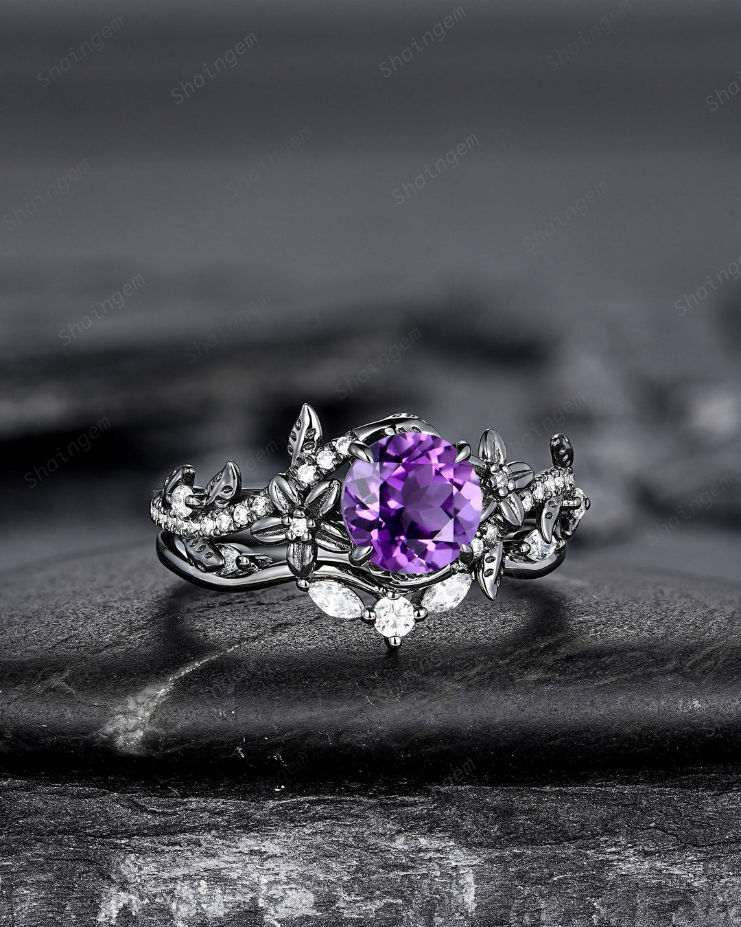 Gothic Round Shape Amethyst Black Floral Engagement Ring Set, Black Gold Leaf Promise Ring Rhodium Black Twig Branch Wedding Ring Bridal Set - ShainJewelry