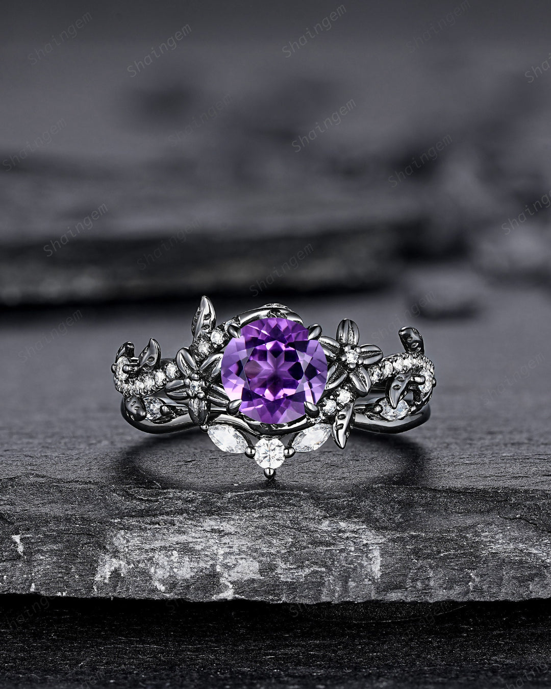 Gothic Round Shape Amethyst Black Floral Engagement Ring Set, Black Gold Leaf Promise Ring Rhodium Black Twig Branch Wedding Ring Bridal Set - ShainJewelry