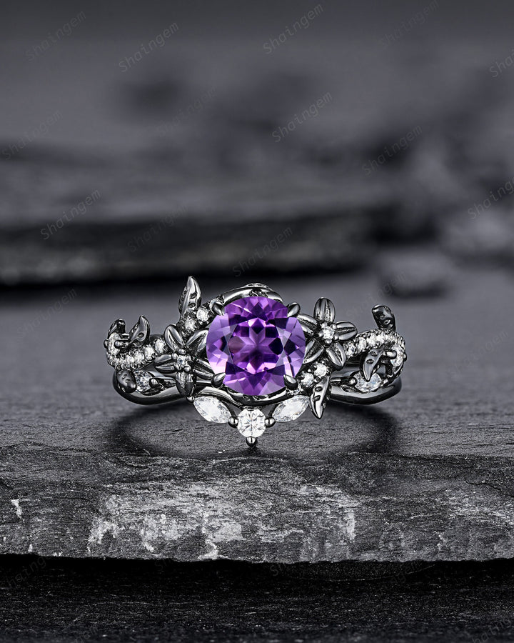 Gothic Round Shape Amethyst Black Floral Engagement Ring Set, Black Gold Leaf Promise Ring Rhodium Black Twig Branch Wedding Ring Bridal Set - ShainJewelry