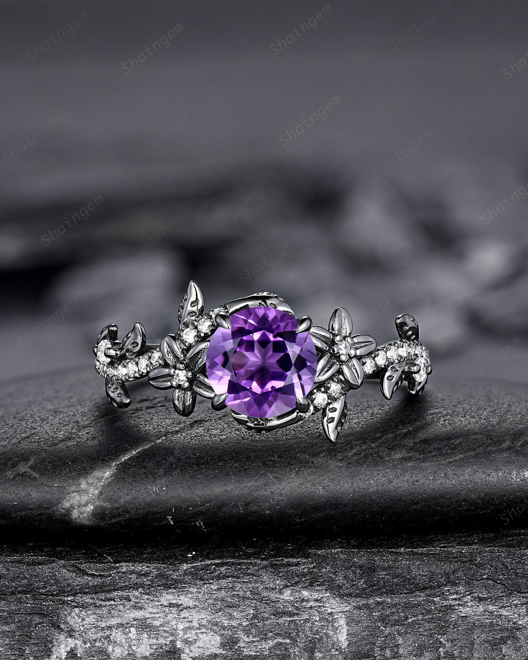 Gothic Round Shape Amethyst Black Floral Engagement Ring Set, Black Gold Leaf Promise Ring Rhodium Black Twig Branch Wedding Ring Bridal Set - ShainJewelry