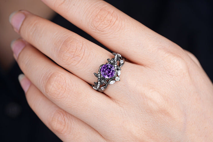 Gothic Round Shape Amethyst Black Floral Engagement Ring Set, Black Gold Leaf Promise Ring Rhodium Black Twig Branch Wedding Ring Bridal Set - ShainJewelry