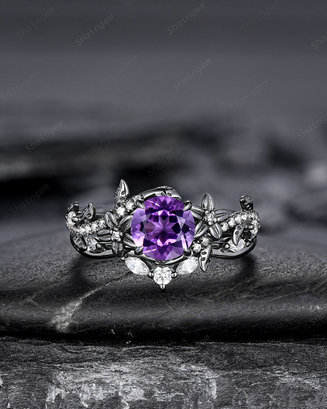 Gothic Round Shape Amethyst Black Floral Engagement Ring Set, Black Gold Leaf Promise Ring Rhodium Black Twig Branch Wedding Ring Bridal Set - ShainJewelry