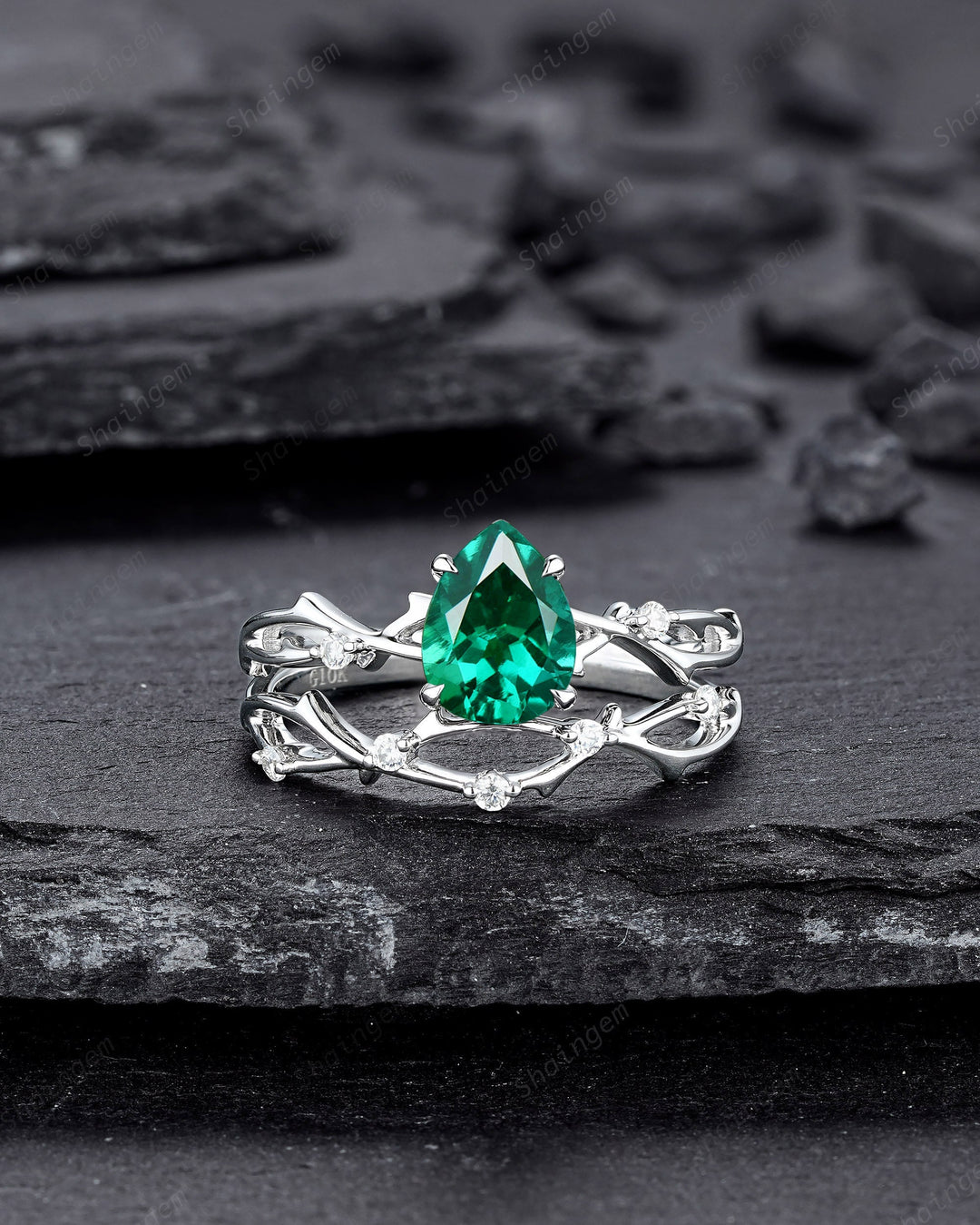 Platinum Pear Cut Emerald and Diamond Engagement Ring Set 14K White Gold Moissanite Branch Twig Promise Wedding Ring Bridal Set For Women - ShainJewelry