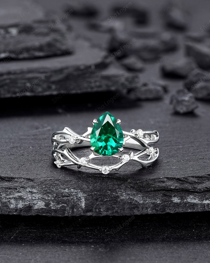 Platinum Pear Cut Emerald and Diamond Engagement Ring Set 14K White Gold Moissanite Branch Twig Promise Wedding Ring Bridal Set For Women - ShainJewelry