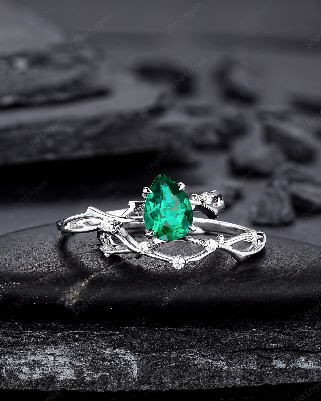 Platinum Pear Cut Emerald and Diamond Engagement Ring Set 14K White Gold Moissanite Branch Twig Promise Wedding Ring Bridal Set For Women - ShainJewelry