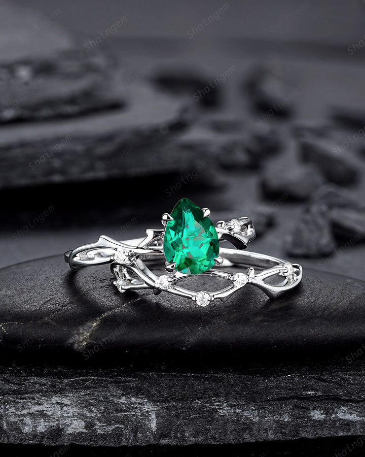 Platinum Pear Cut Emerald and Diamond Engagement Ring Set 14K White Gold Moissanite Branch Twig Promise Wedding Ring Bridal Set For Women - ShainJewelry