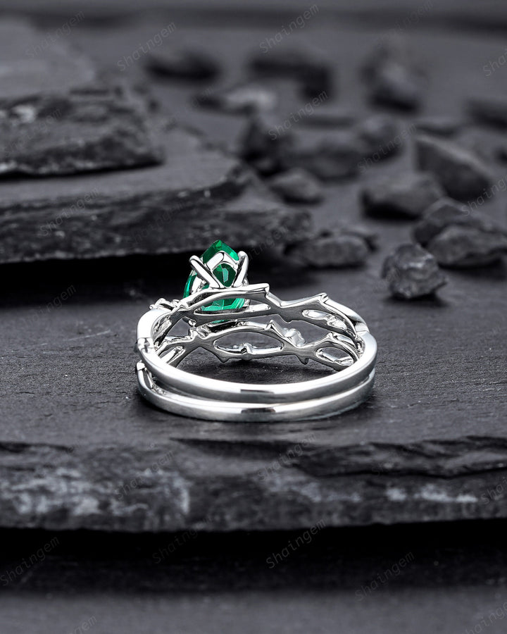 Platinum Pear Cut Emerald and Diamond Engagement Ring Set 14K White Gold Moissanite Branch Twig Promise Wedding Ring Bridal Set For Women - ShainJewelry