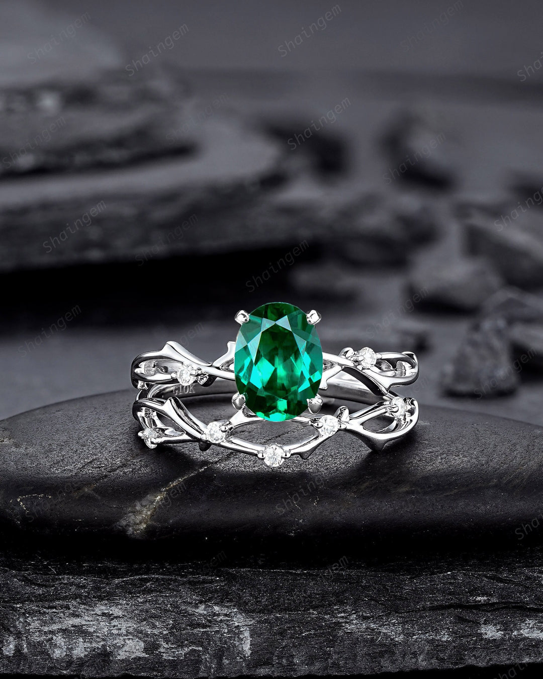 Platinum Oval Shape Emerald and Diamond Engagement Ring Set, White Gold Twig Branch Promise Ring, Silver Wedding Bridal Ring Set for Women - ShainJewelry
