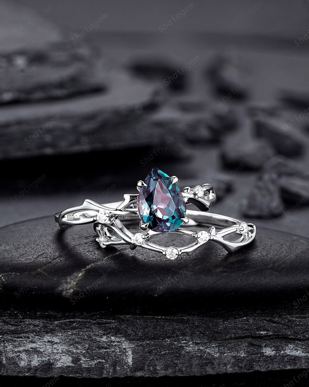 Platinum Pear Cut Alexandrite and Diamond Engagement Ring, 14K White Gold Twig Branch Promise Ring, Silver 925 Wedding Ring Gift For Women - ShainJewelry