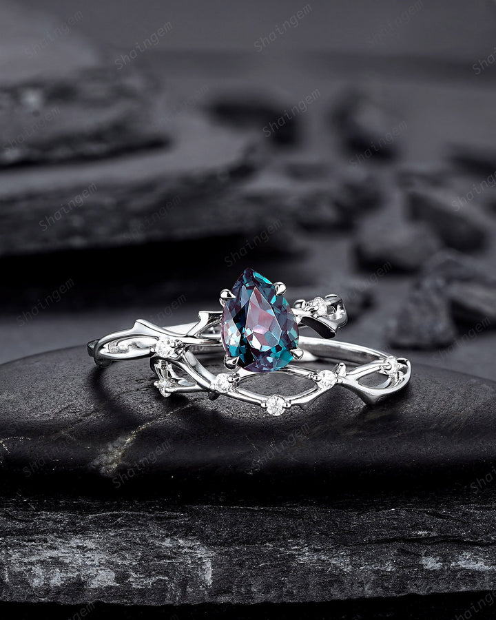 Platinum Pear Cut Alexandrite and Diamond Engagement Ring, 14K White Gold Twig Branch Promise Ring, Silver 925 Wedding Ring Gift For Women - ShainJewelry
