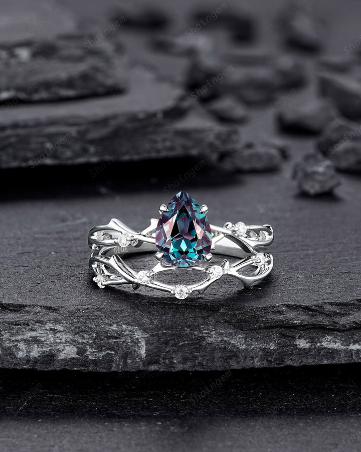 Platinum Pear Cut Alexandrite and Diamond Engagement Ring, 14K White Gold Twig Branch Promise Ring, Silver 925 Wedding Ring Gift For Women - ShainJewelry