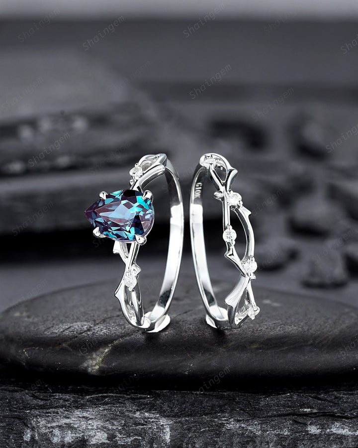 Platinum Pear Cut Alexandrite and Diamond Engagement Ring, 14K White Gold Twig Branch Promise Ring, Silver 925 Wedding Ring Gift For Women - ShainJewelry