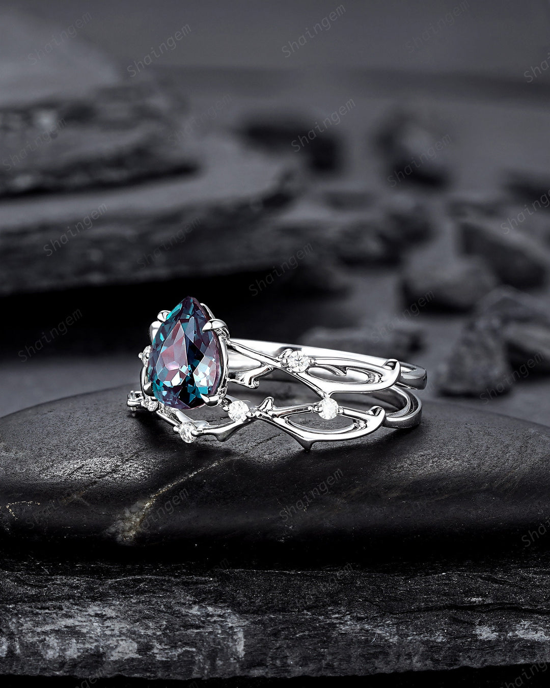 Platinum Pear Cut Alexandrite and Diamond Engagement Ring, 14K White Gold Twig Branch Promise Ring, Silver 925 Wedding Ring Gift For Women - ShainJewelry