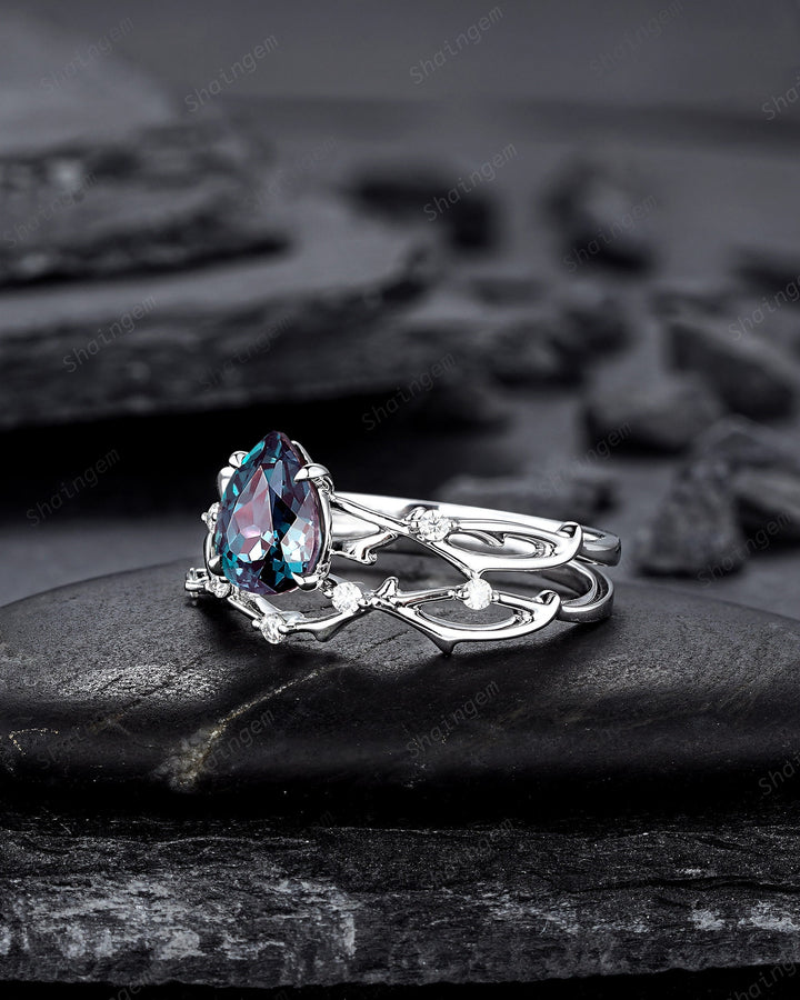 Platinum Pear Cut Alexandrite and Diamond Engagement Ring, 14K White Gold Twig Branch Promise Ring, Silver 925 Wedding Ring Gift For Women - ShainJewelry