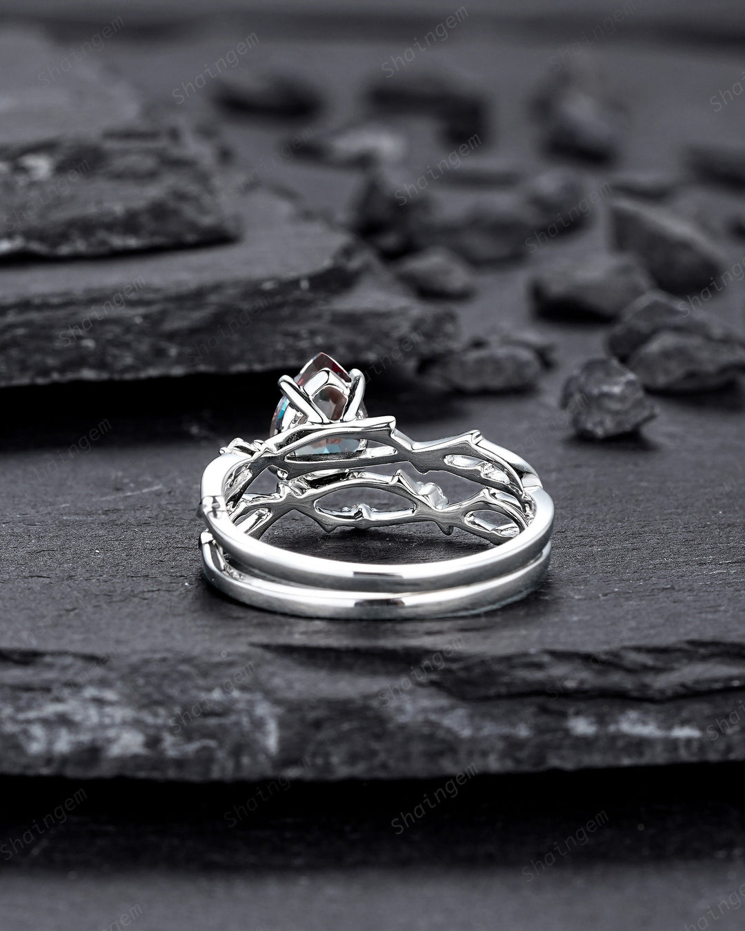 Platinum Pear Cut Alexandrite and Diamond Engagement Ring, 14K White Gold Twig Branch Promise Ring, Silver 925 Wedding Ring Gift For Women - ShainJewelry