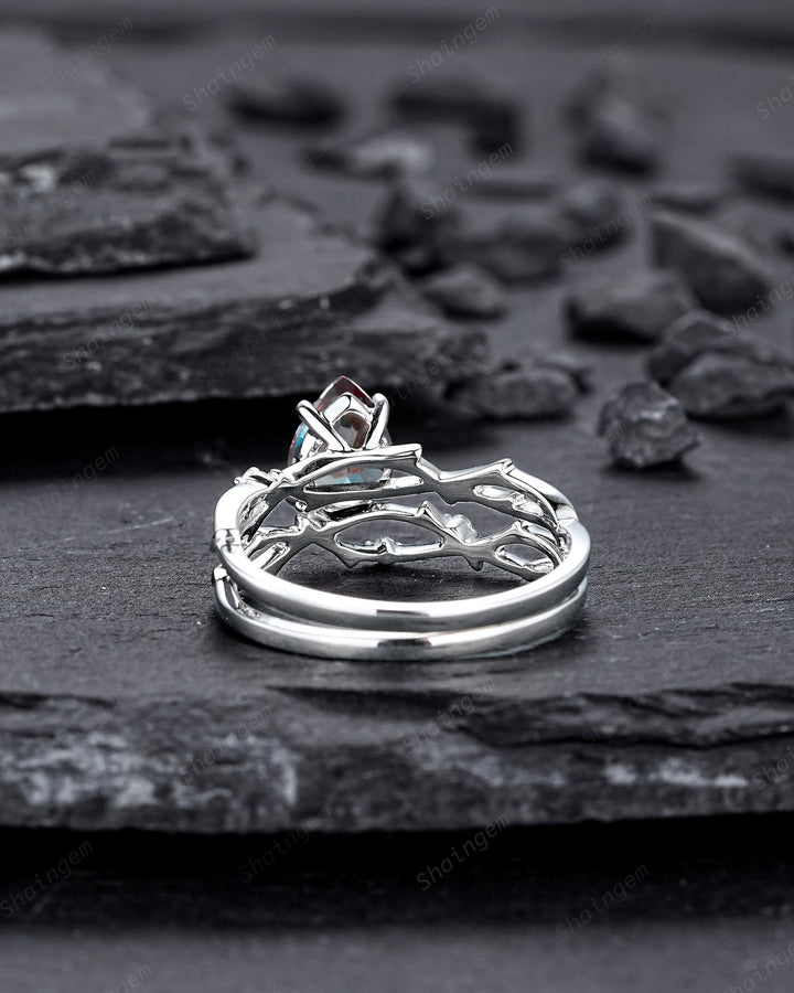 Platinum Pear Cut Alexandrite and Diamond Engagement Ring, 14K White Gold Twig Branch Promise Ring, Silver 925 Wedding Ring Gift For Women - ShainJewelry