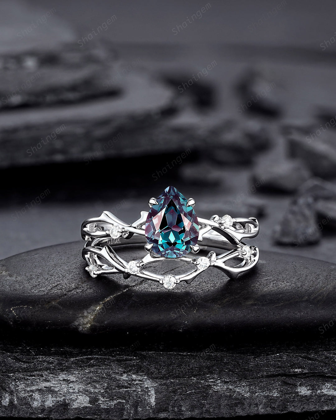 Platinum Pear Cut Alexandrite and Diamond Engagement Ring, 14K White Gold Twig Branch Promise Ring, Silver 925 Wedding Ring Gift For Women - ShainJewelry