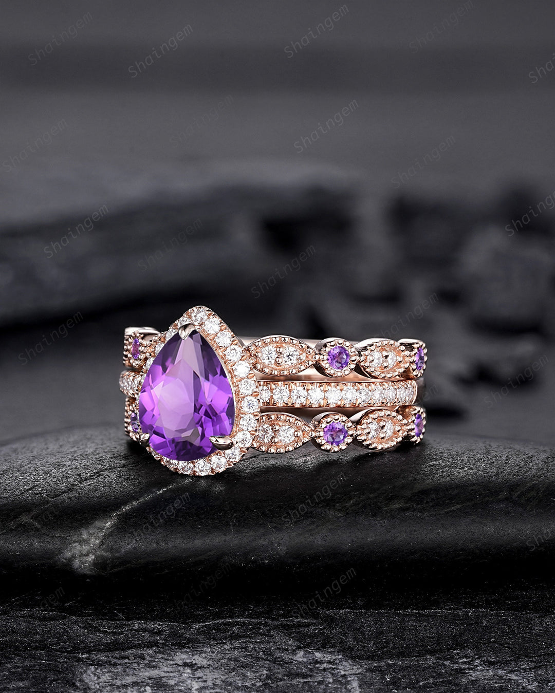 3PCS Pear Shape Purple Amethyst Halo Engagement Ring Set, Vintage Rose Gold Amethyst Wedding Ring, Unique February Birthstone Promise Ring - ShainJewelry