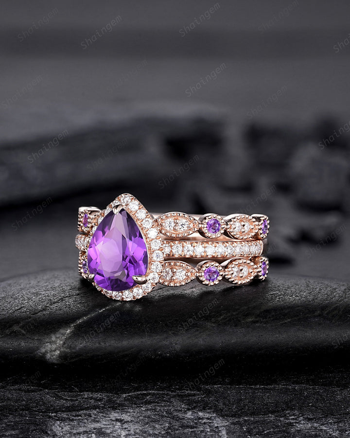 3PCS Pear Shape Purple Amethyst Halo Engagement Ring Set, Vintage Rose Gold Amethyst Wedding Ring, Unique February Birthstone Promise Ring - ShainJewelry