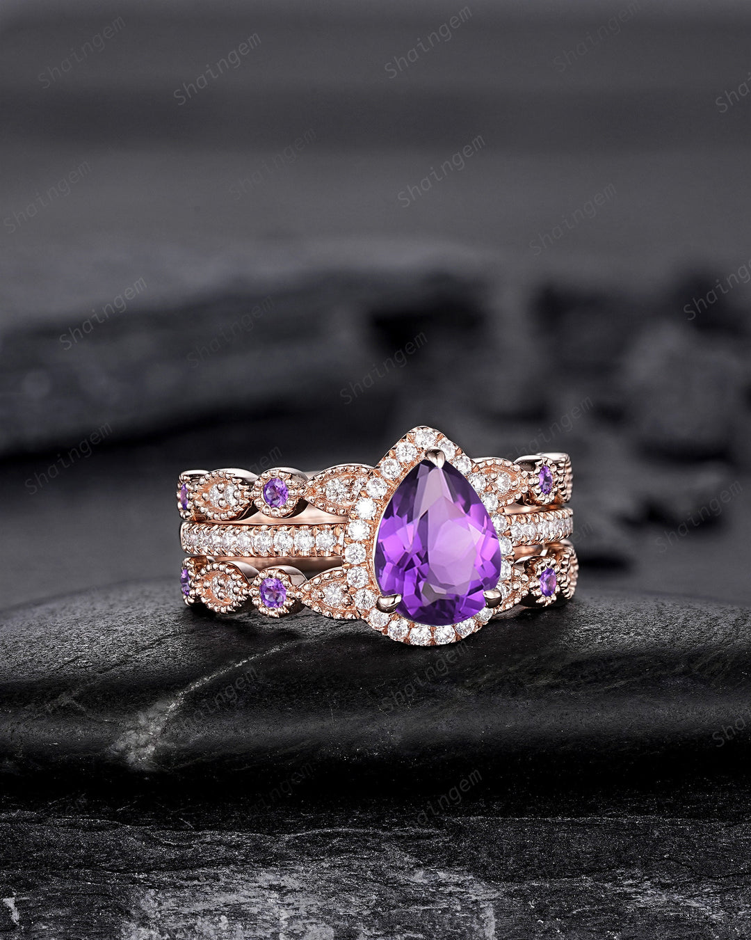 3PCS Pear Shape Purple Amethyst Halo Engagement Ring Set, Vintage Rose Gold Amethyst Wedding Ring, Unique February Birthstone Promise Ring - ShainJewelry