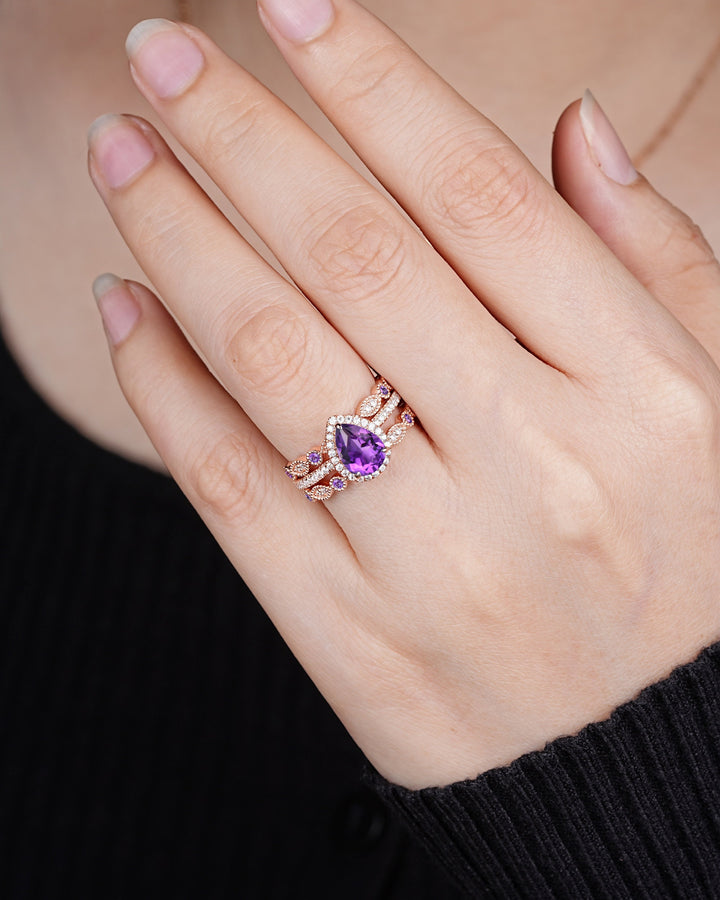 3PCS Pear Shape Purple Amethyst Halo Engagement Ring Set, Vintage Rose Gold Amethyst Wedding Ring, Unique February Birthstone Promise Ring - ShainJewelry