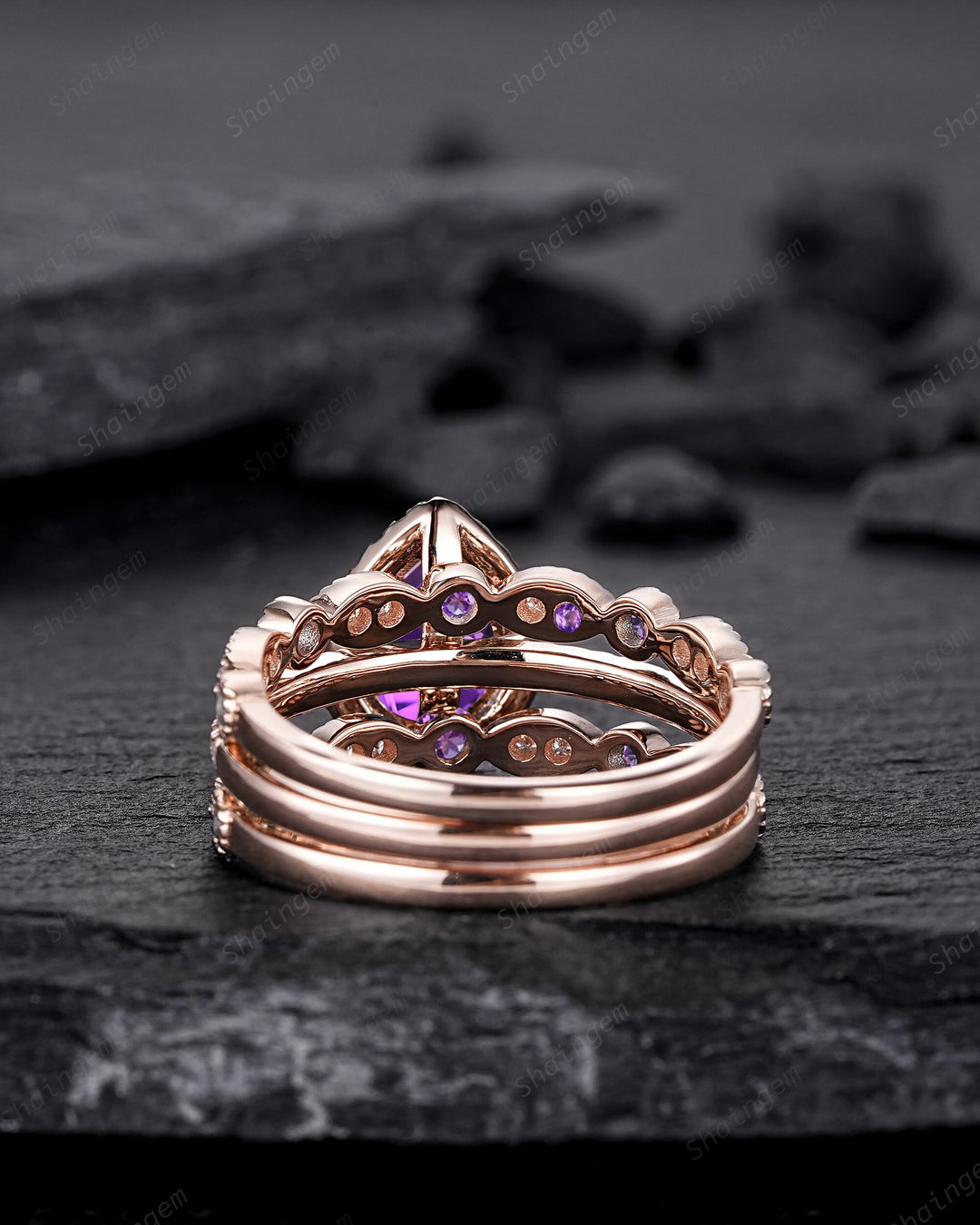 3PCS Pear Shape Purple Amethyst Halo Engagement Ring Set, Vintage Rose Gold Amethyst Wedding Ring, Unique February Birthstone Promise Ring - ShainJewelry