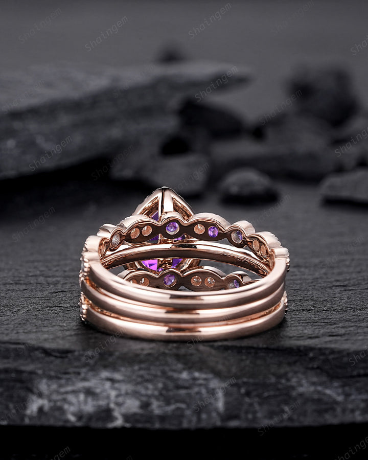3PCS Pear Shape Purple Amethyst Halo Engagement Ring Set, Vintage Rose Gold Amethyst Wedding Ring, Unique February Birthstone Promise Ring - ShainJewelry