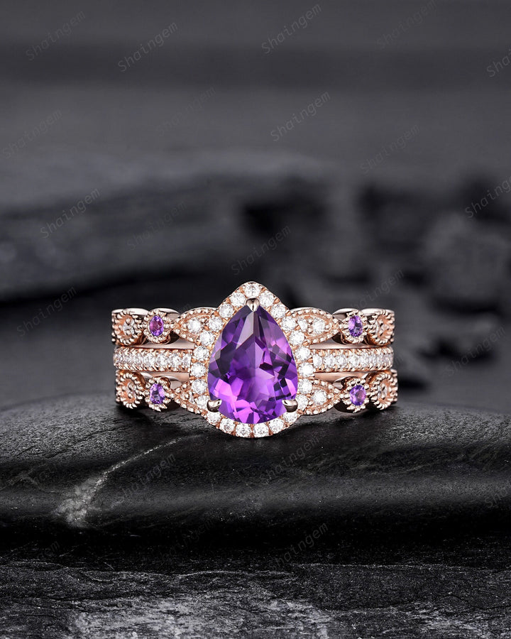3PCS Pear Shape Purple Amethyst Halo Engagement Ring Set, Vintage Rose Gold Amethyst Wedding Ring, Unique February Birthstone Promise Ring - ShainJewelry