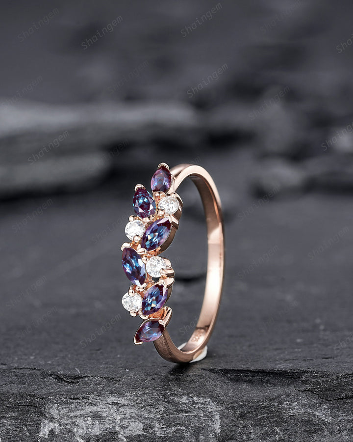 Dainty Marquise Alexandrite Engagement Ring, Rose gold Matching Band, Half Eternity Wedding Band, June Birthstone Promise Ring Enhancer - ShainJewelry