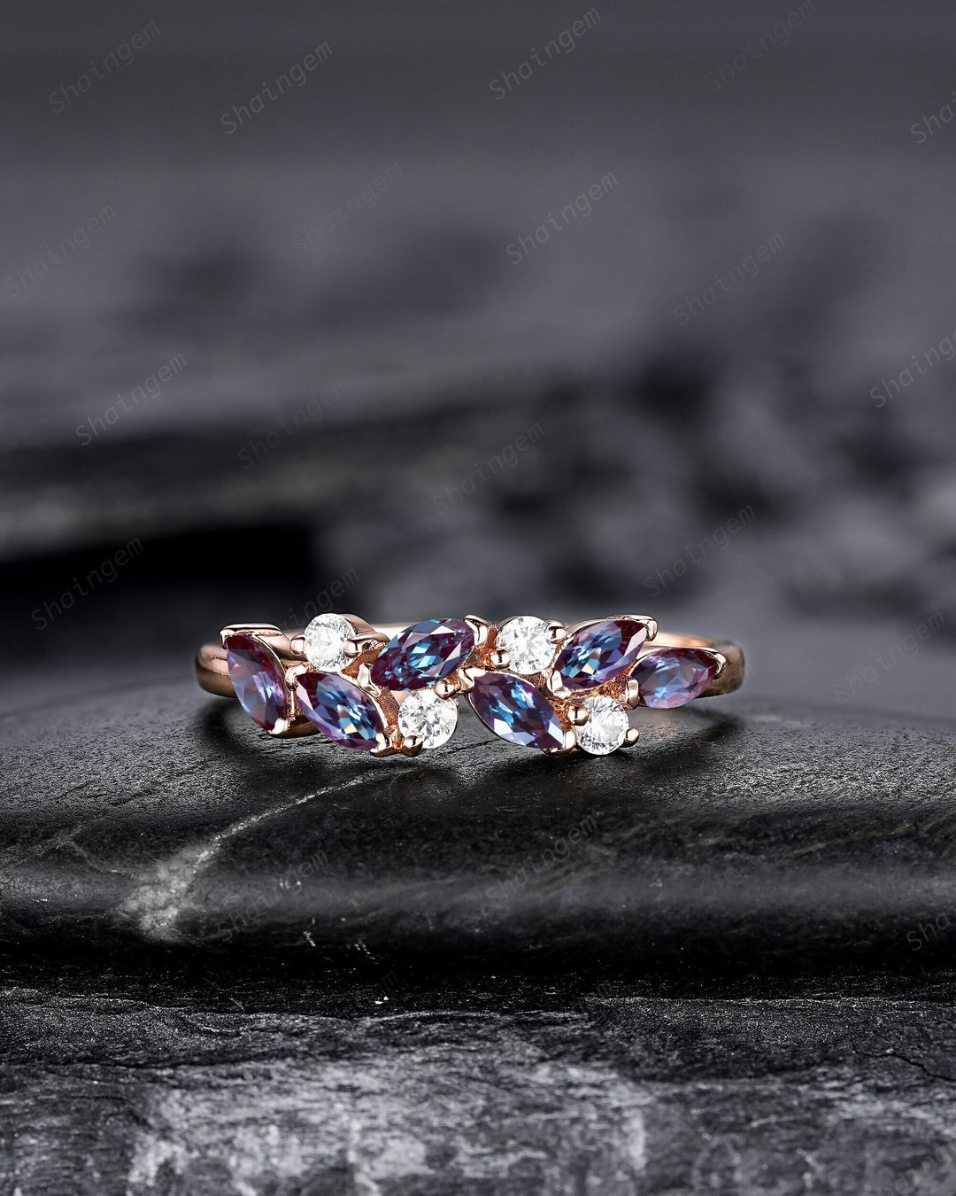 Dainty Marquise Alexandrite Engagement Ring, Rose gold Matching Band, Half Eternity Wedding Band, June Birthstone Promise Ring Enhancer - ShainJewelry