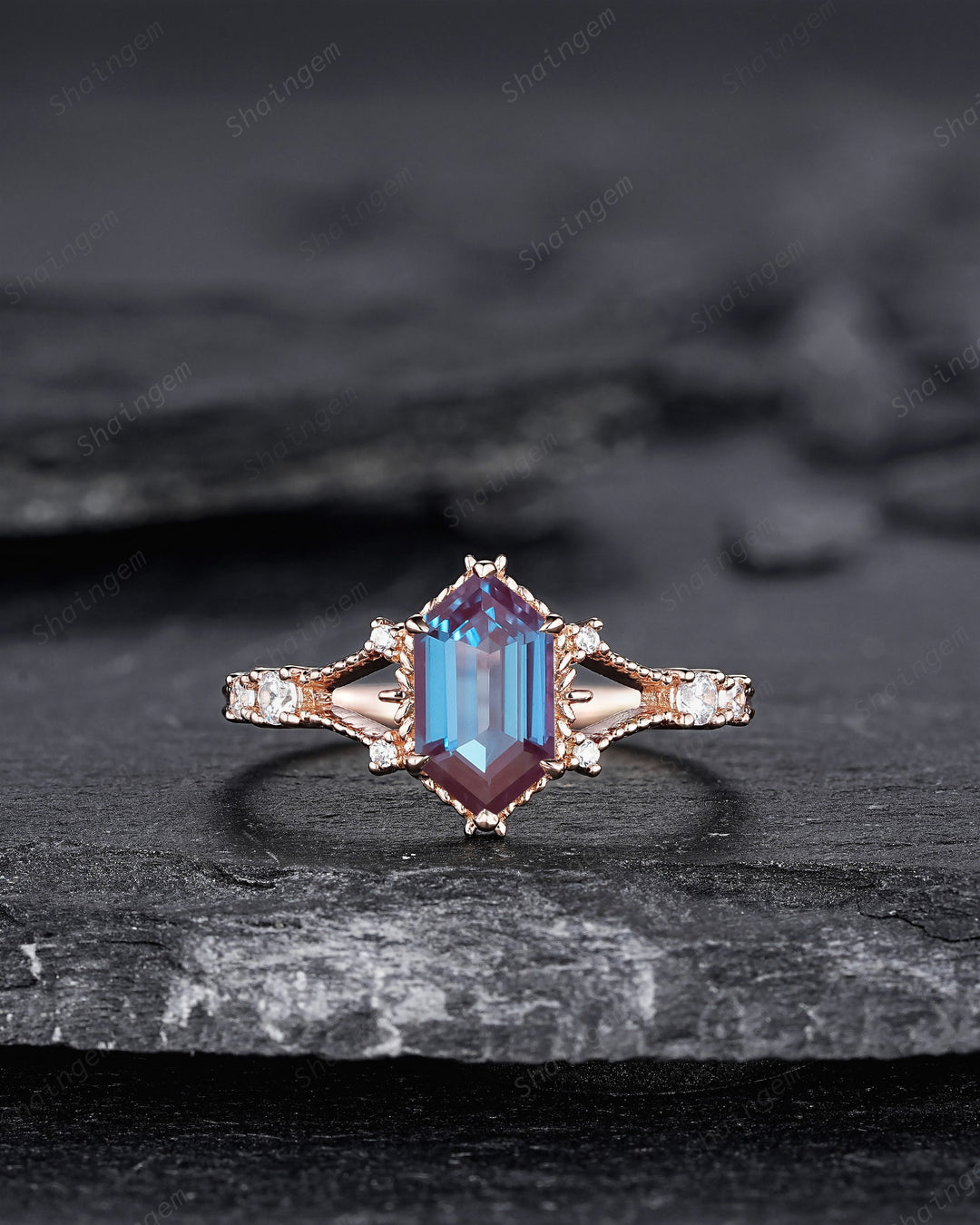 Long Hexagon Cut Alexandrite Engagement Ring, Unique Split Shank Milgrain Wedding Ring, Rose Gold Anniversary Gift Promise Ring for Women - ShainJewelry