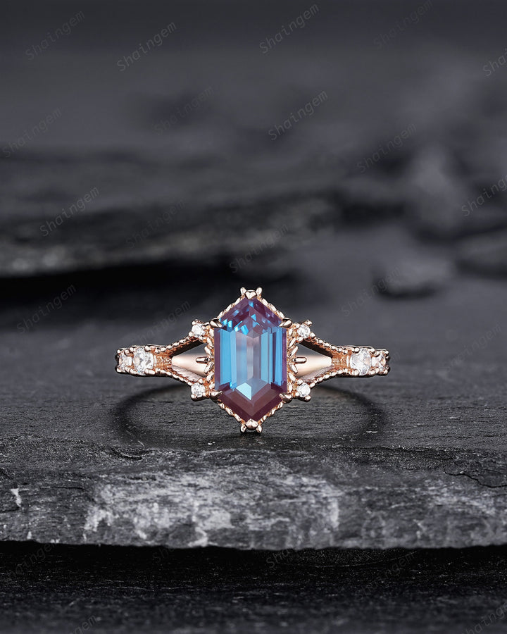 Long Hexagon Cut Alexandrite Engagement Ring, Unique Split Shank Milgrain Wedding Ring, Rose Gold Anniversary Gift Promise Ring for Women - ShainJewelry