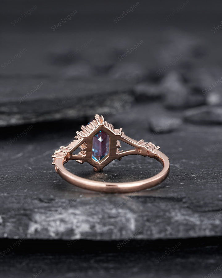 Long Hexagon Cut Alexandrite Engagement Ring, Unique Split Shank Milgrain Wedding Ring, Rose Gold Anniversary Gift Promise Ring for Women - ShainJewelry