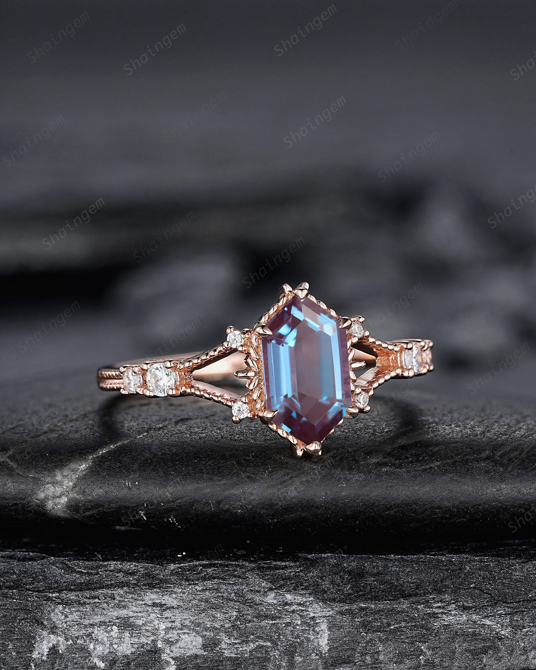 Long Hexagon Cut Alexandrite Engagement Ring, Unique Split Shank Milgrain Wedding Ring, Rose Gold Anniversary Gift Promise Ring for Women - ShainJewelry