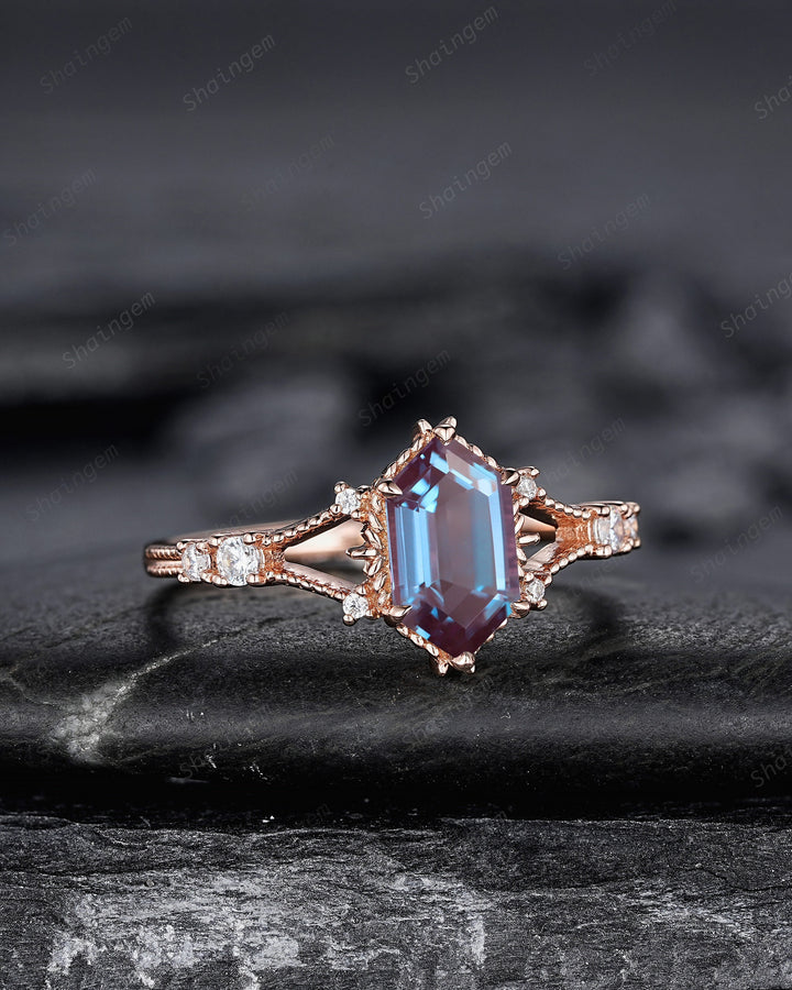 Long Hexagon Cut Alexandrite Engagement Ring, Unique Split Shank Milgrain Wedding Ring, Rose Gold Anniversary Gift Promise Ring for Women - ShainJewelry
