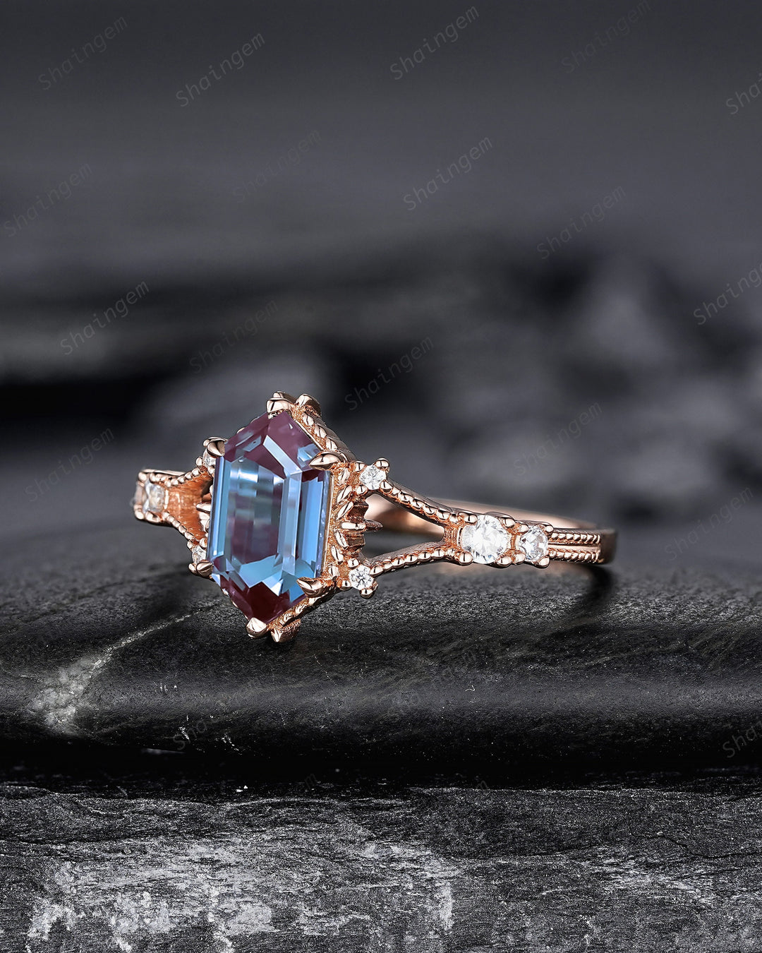 Long Hexagon Cut Alexandrite Engagement Ring, Unique Split Shank Milgrain Wedding Ring, Rose Gold Anniversary Gift Promise Ring for Women - ShainJewelry